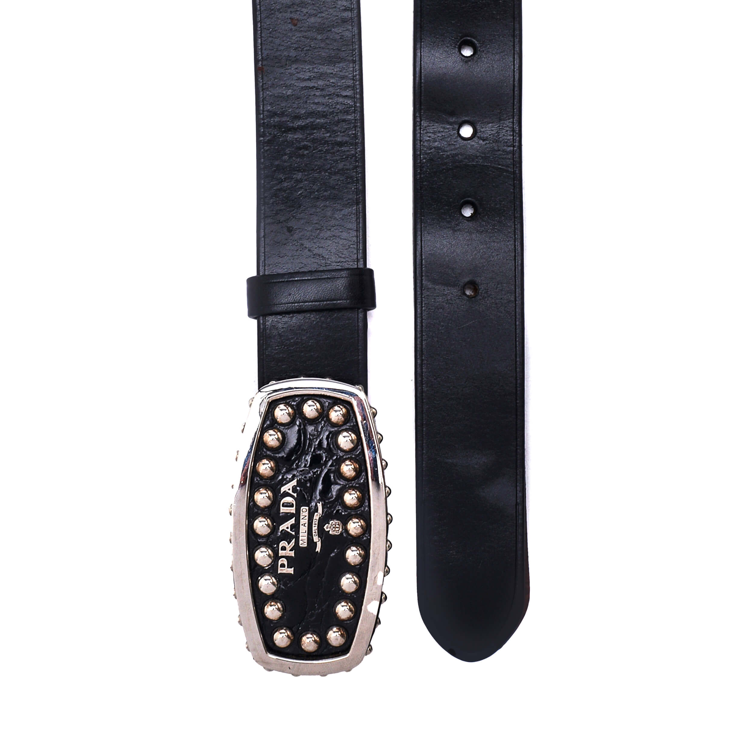 Prada - Black Leather Stud Logo Buckle Belt / 85cm